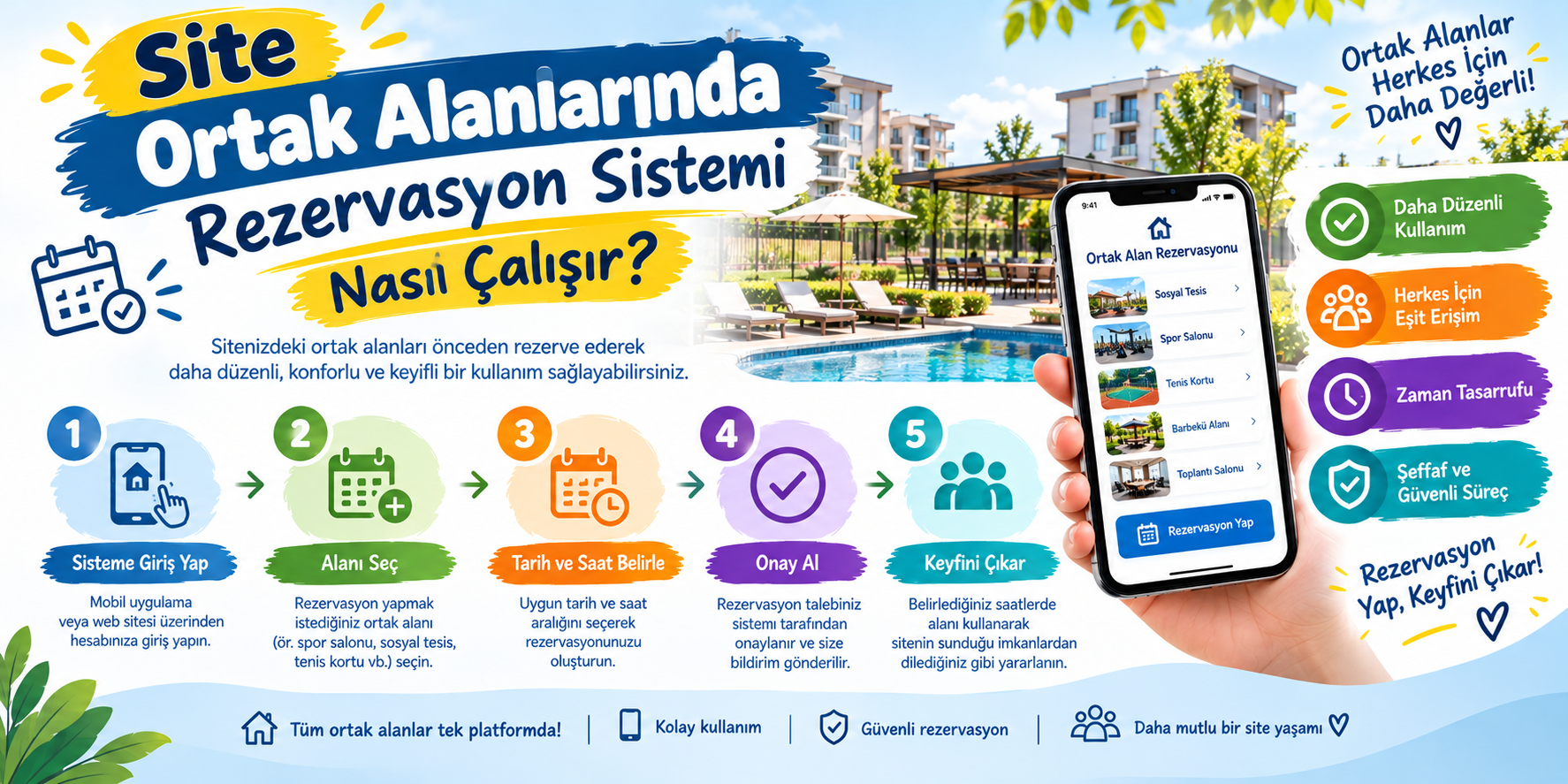 Site ortak alanlarında dijital rezervasyon sistemi ve mobil kullanım takvimi